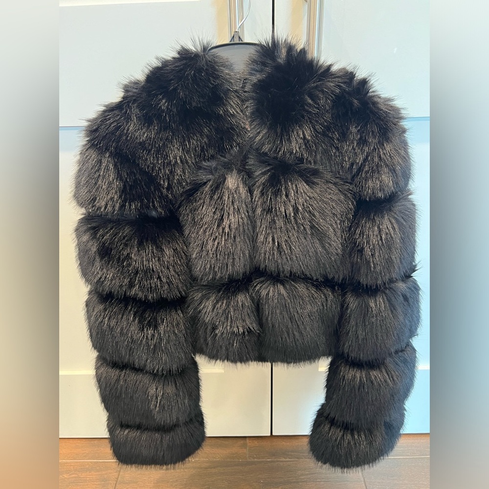 Azalea Wang, black faux fur cropped hooded jacket